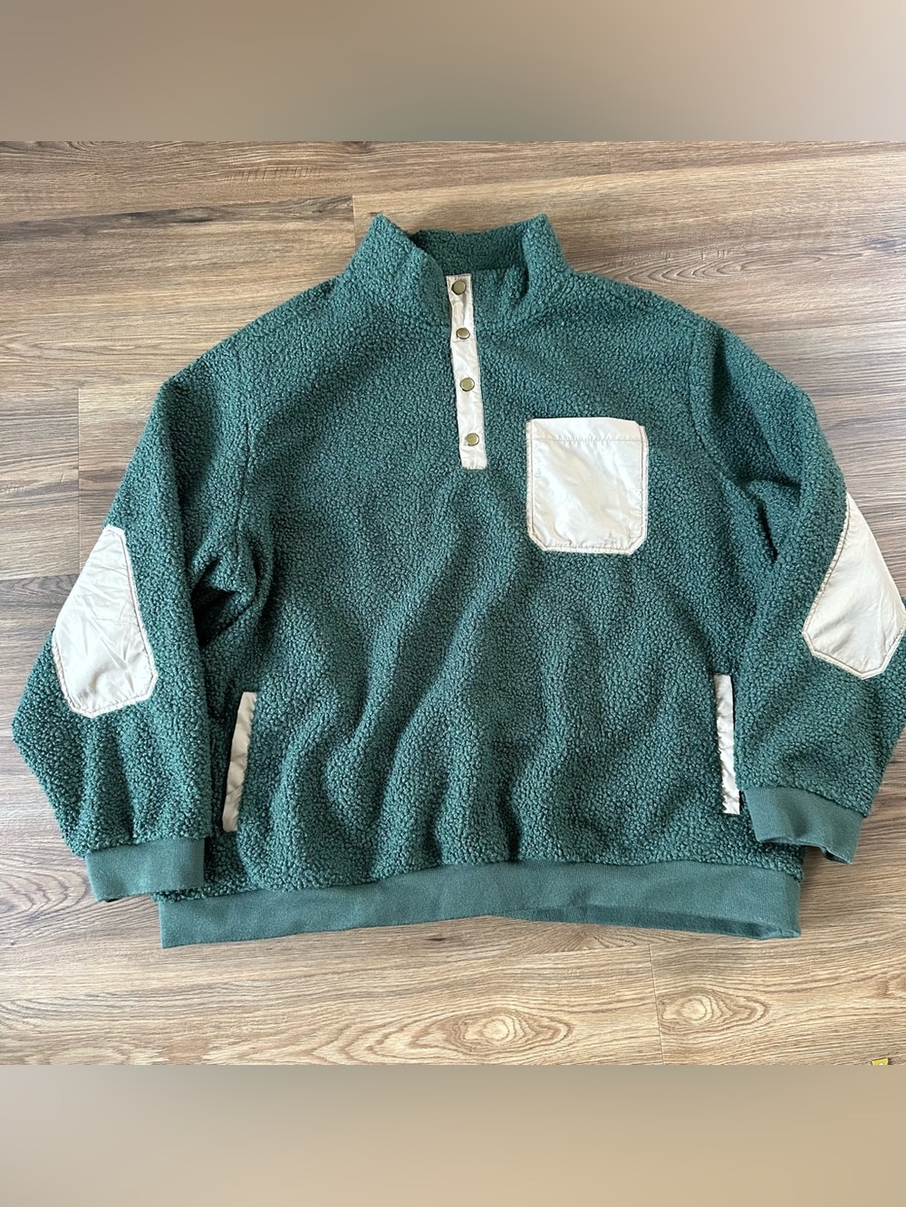 Lands End Boucle Fleece 1/2 Snap Pullover Green Men 3XL Pocket Elbow Patch GORP